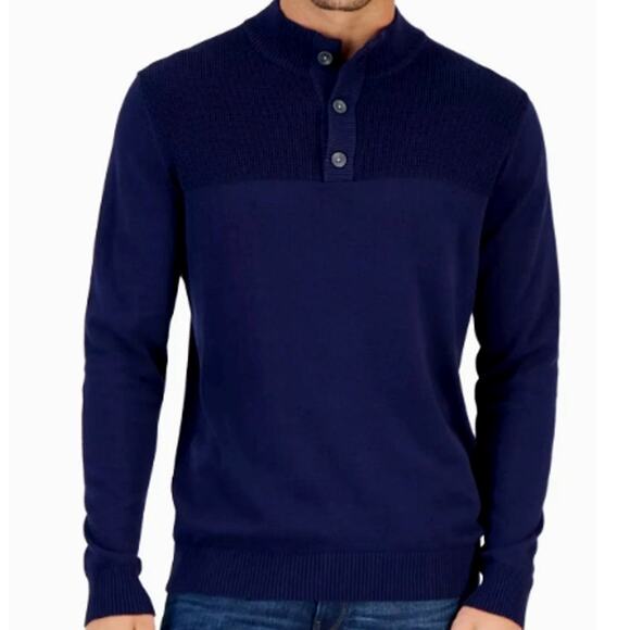 Club Room Men's Ribbed Four-Button Mock Neck Sweater Navy Size Small - $60 - Picture 1 of 10